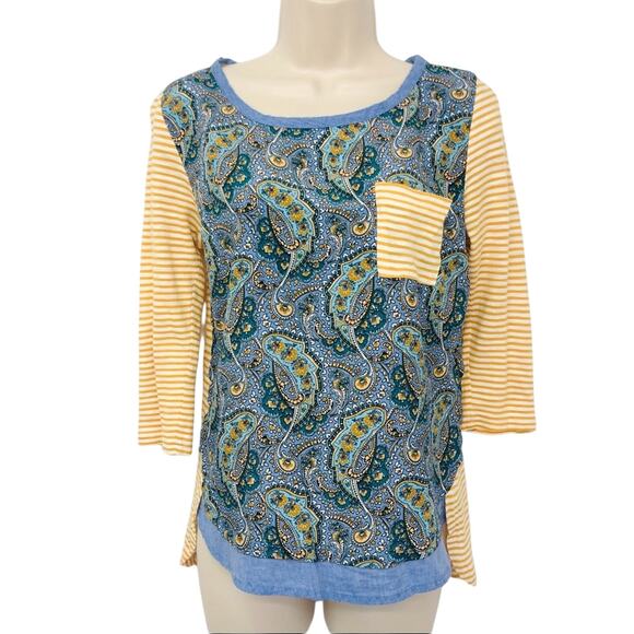 Y2k Anthropologie Postage Stamp Mix Media Popover Top Yellow Blue Paisley Print - Picture 16 of 16
